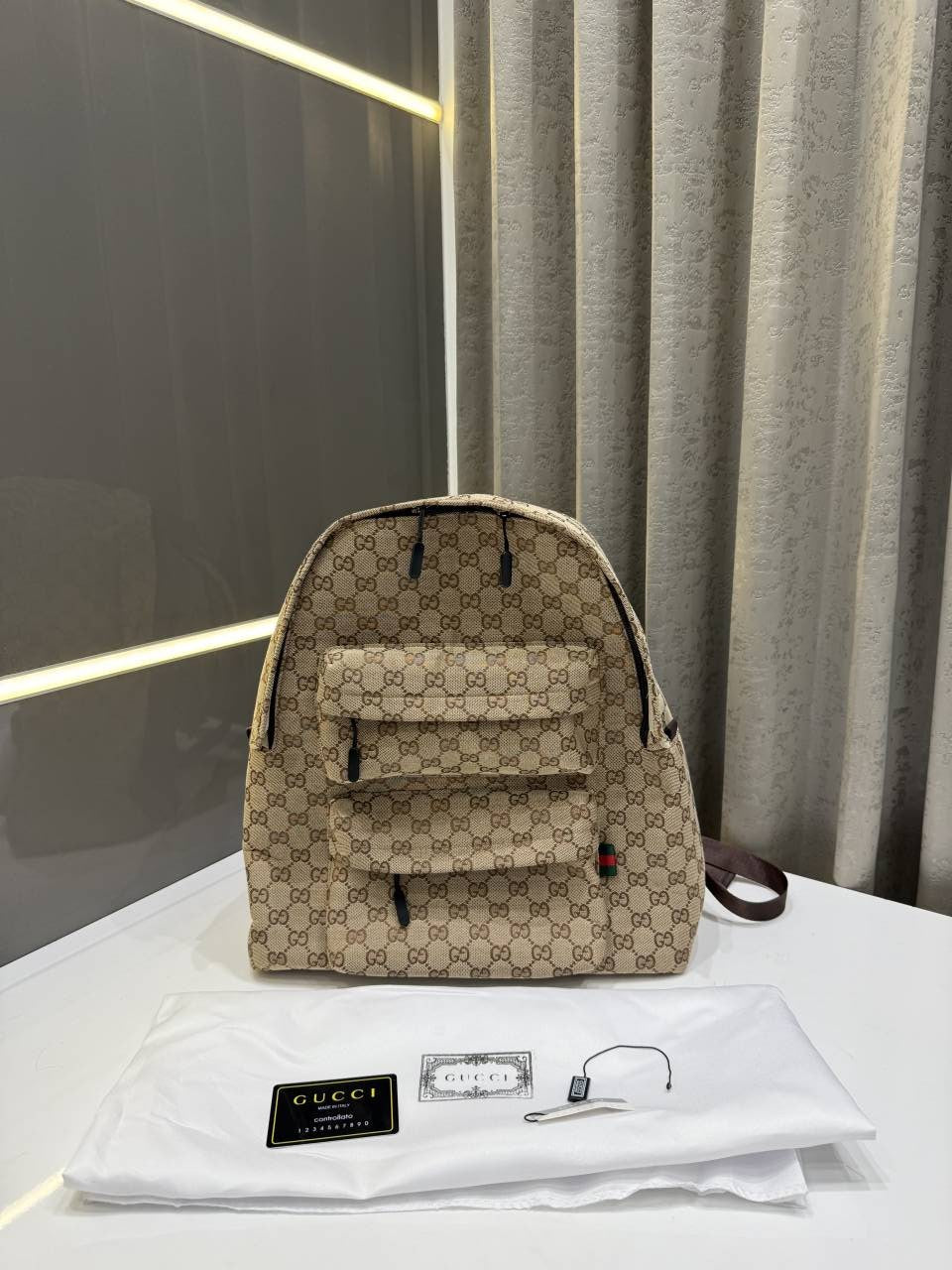 GUCCI BEIGE MONOGRAM PREMIUM CLASSIC UNISEX BAGPACK WITH OG DUST BAG & CARD