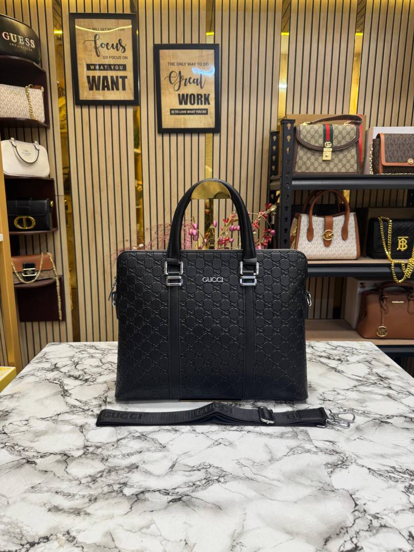 Gucci GG Embossed Premium Quality Laptop Bag With Strap (Black)
